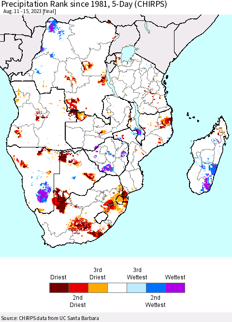 Southern Africa Precipitation Rank since 1981, 5-Day (CHIRPS) Thematic Map For 8/11/2023 - 8/15/2023