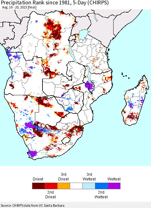 Southern Africa Precipitation Rank since 1981, 5-Day (CHIRPS) Thematic Map For 8/16/2023 - 8/20/2023