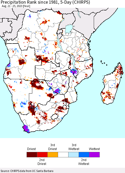Southern Africa Precipitation Rank since 1981, 5-Day (CHIRPS) Thematic Map For 8/21/2023 - 8/25/2023