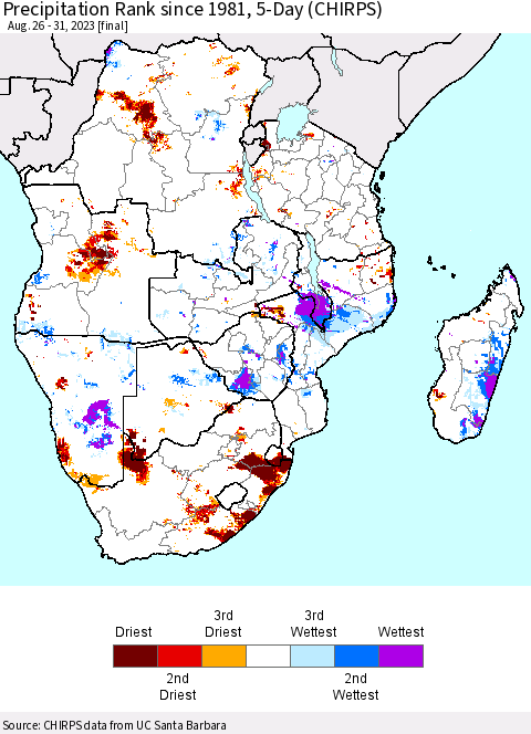 Southern Africa Precipitation Rank since 1981, 5-Day (CHIRPS) Thematic Map For 8/26/2023 - 8/31/2023