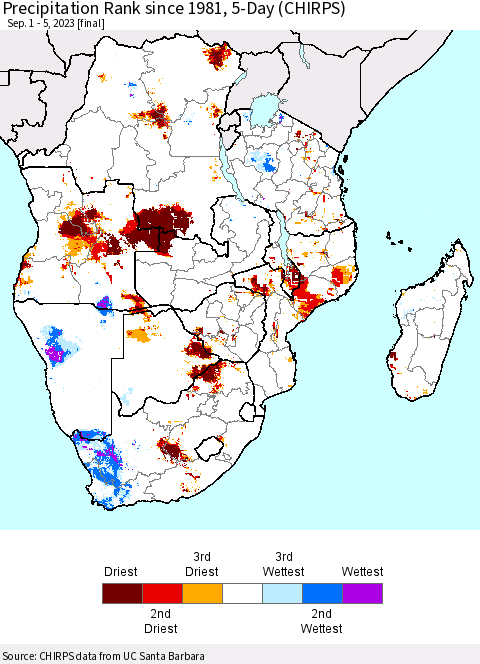 Southern Africa Precipitation Rank since 1981, 5-Day (CHIRPS) Thematic Map For 9/1/2023 - 9/5/2023