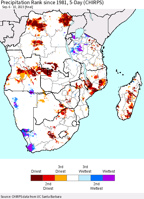 Southern Africa Precipitation Rank since 1981, 5-Day (CHIRPS) Thematic Map For 9/6/2023 - 9/10/2023