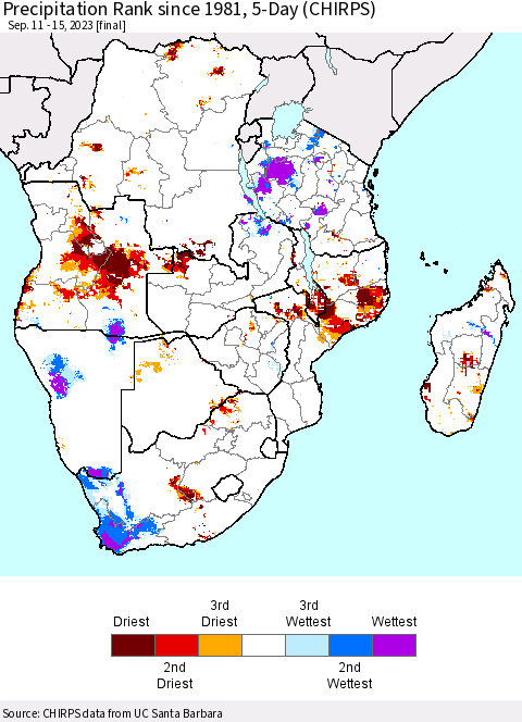Southern Africa Precipitation Rank since 1981, 5-Day (CHIRPS) Thematic Map For 9/11/2023 - 9/15/2023