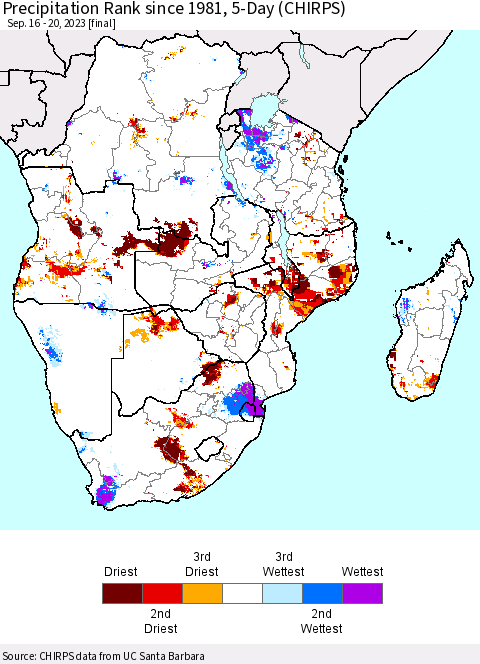 Southern Africa Precipitation Rank since 1981, 5-Day (CHIRPS) Thematic Map For 9/16/2023 - 9/20/2023
