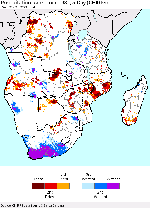 Southern Africa Precipitation Rank since 1981, 5-Day (CHIRPS) Thematic Map For 9/21/2023 - 9/25/2023