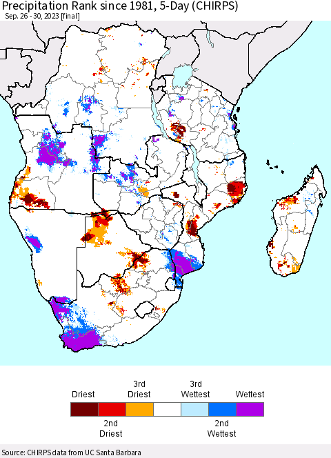 Southern Africa Precipitation Rank since 1981, 5-Day (CHIRPS) Thematic Map For 9/26/2023 - 9/30/2023