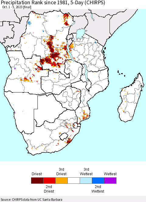 Southern Africa Precipitation Rank since 1981, 5-Day (CHIRPS) Thematic Map For 10/1/2023 - 10/5/2023
