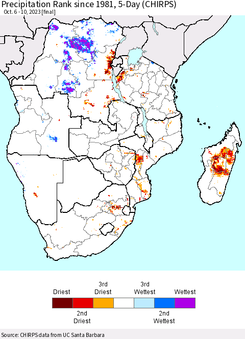 Southern Africa Precipitation Rank since 1981, 5-Day (CHIRPS) Thematic Map For 10/6/2023 - 10/10/2023