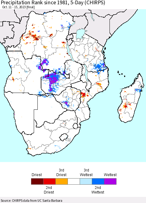 Southern Africa Precipitation Rank since 1981, 5-Day (CHIRPS) Thematic Map For 10/11/2023 - 10/15/2023