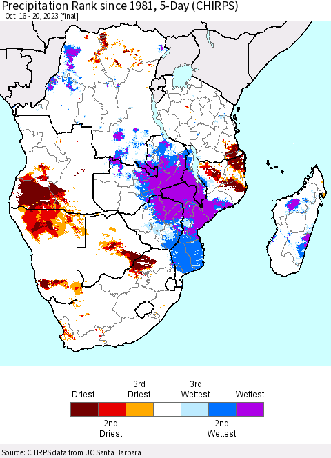 Southern Africa Precipitation Rank since 1981, 5-Day (CHIRPS) Thematic Map For 10/16/2023 - 10/20/2023