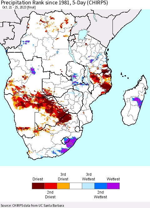 Southern Africa Precipitation Rank since 1981, 5-Day (CHIRPS) Thematic Map For 10/21/2023 - 10/25/2023