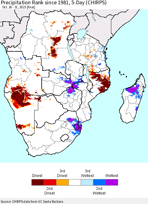 Southern Africa Precipitation Rank since 1981, 5-Day (CHIRPS) Thematic Map For 10/26/2023 - 10/31/2023