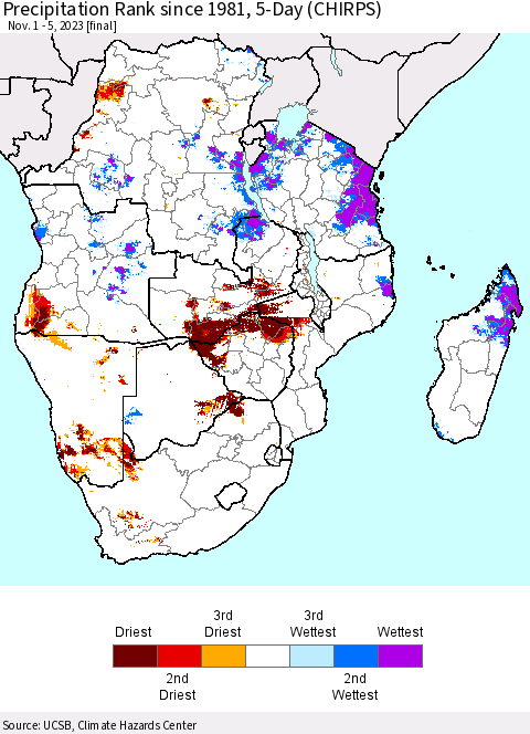 Southern Africa Precipitation Rank since 1981, 5-Day (CHIRPS) Thematic Map For 11/1/2023 - 11/5/2023