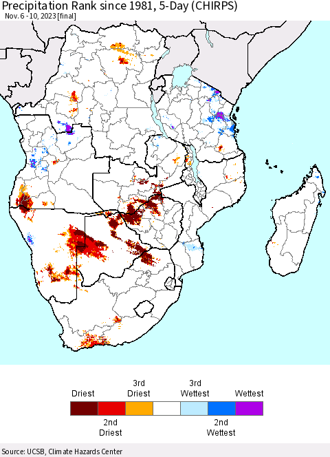 Southern Africa Precipitation Rank since 1981, 5-Day (CHIRPS) Thematic Map For 11/6/2023 - 11/10/2023
