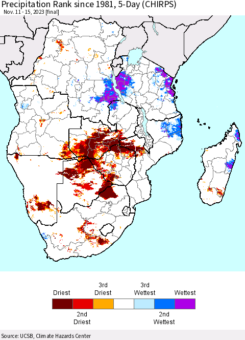 Southern Africa Precipitation Rank since 1981, 5-Day (CHIRPS) Thematic Map For 11/11/2023 - 11/15/2023