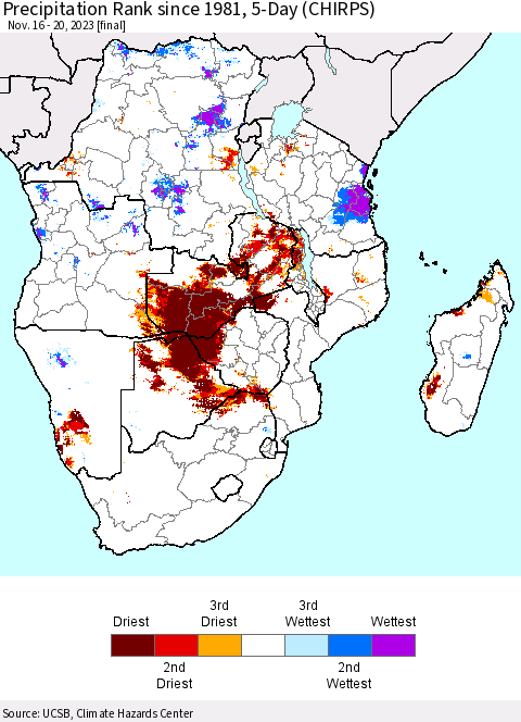 Southern Africa Precipitation Rank since 1981, 5-Day (CHIRPS) Thematic Map For 11/16/2023 - 11/20/2023