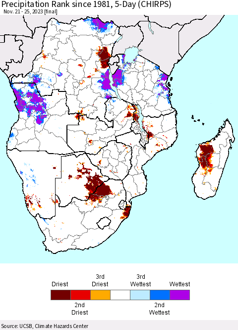 Southern Africa Precipitation Rank since 1981, 5-Day (CHIRPS) Thematic Map For 11/21/2023 - 11/25/2023