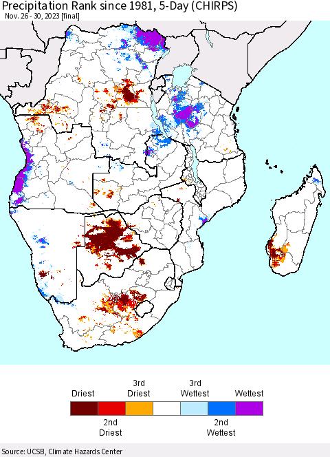 Southern Africa Precipitation Rank since 1981, 5-Day (CHIRPS) Thematic Map For 11/26/2023 - 11/30/2023