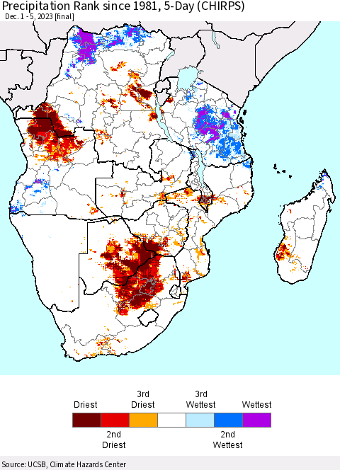 Southern Africa Precipitation Rank since 1981, 5-Day (CHIRPS) Thematic Map For 12/1/2023 - 12/5/2023