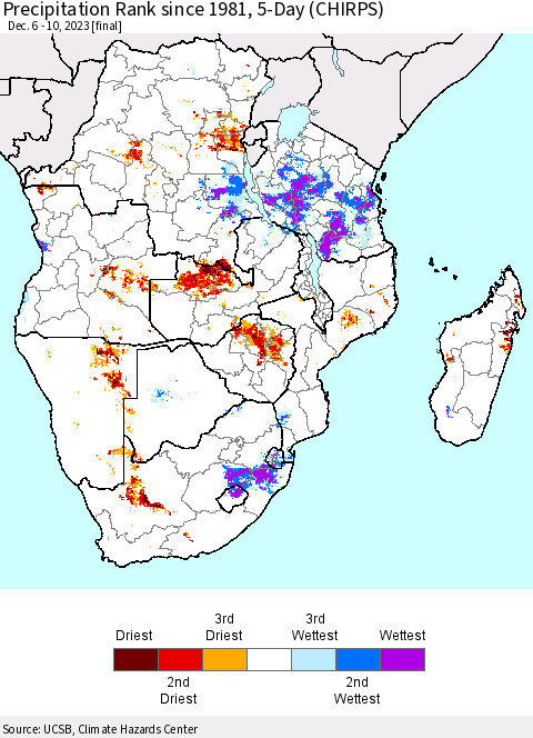 Southern Africa Precipitation Rank since 1981, 5-Day (CHIRPS) Thematic Map For 12/6/2023 - 12/10/2023