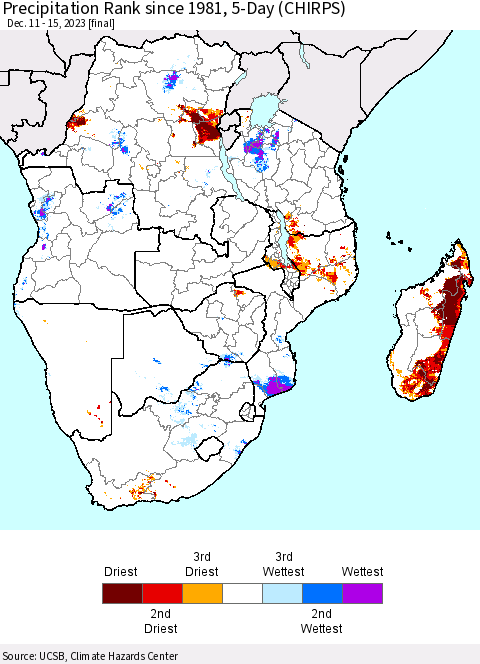 Southern Africa Precipitation Rank since 1981, 5-Day (CHIRPS) Thematic Map For 12/11/2023 - 12/15/2023