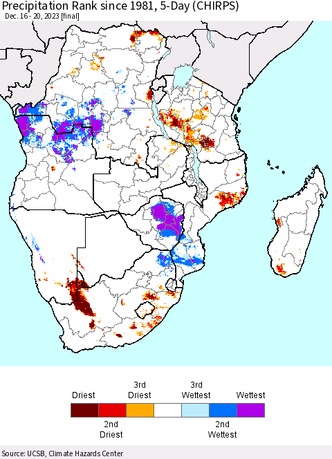 Southern Africa Precipitation Rank since 1981, 5-Day (CHIRPS) Thematic Map For 12/16/2023 - 12/20/2023