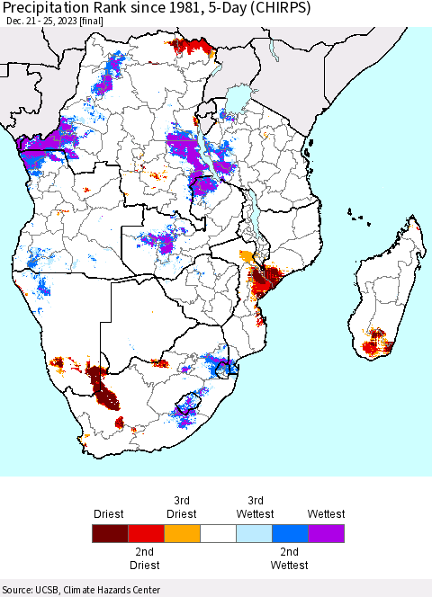 Southern Africa Precipitation Rank since 1981, 5-Day (CHIRPS) Thematic Map For 12/21/2023 - 12/25/2023