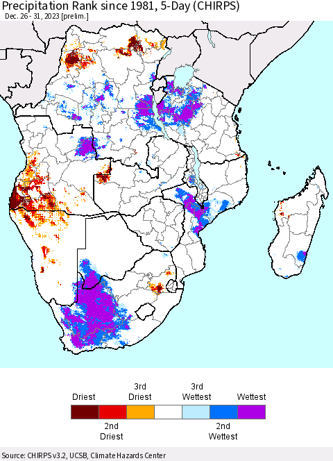 Southern Africa Precipitation Rank since 1981, 5-Day (CHIRPS) Thematic Map For 12/26/2023 - 12/31/2023