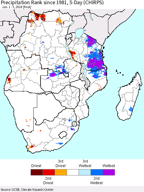 Southern Africa Precipitation Rank since 1981, 5-Day (CHIRPS) Thematic Map For 1/1/2024 - 1/5/2024