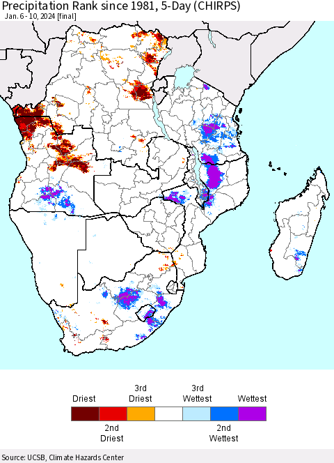 Southern Africa Precipitation Rank since 1981, 5-Day (CHIRPS) Thematic Map For 1/6/2024 - 1/10/2024