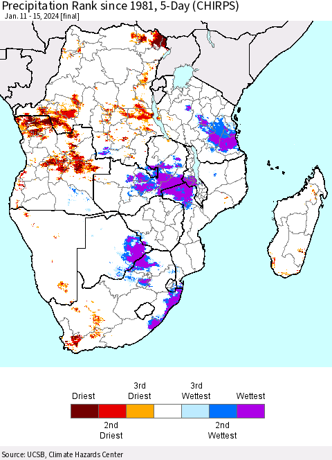 Southern Africa Precipitation Rank since 1981, 5-Day (CHIRPS) Thematic Map For 1/11/2024 - 1/15/2024