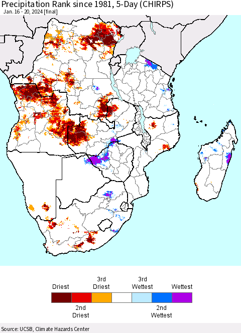 Southern Africa Precipitation Rank since 1981, 5-Day (CHIRPS) Thematic Map For 1/16/2024 - 1/20/2024