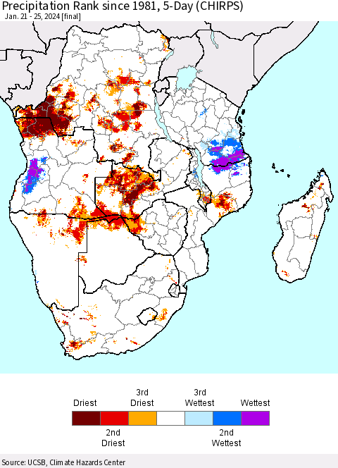 Southern Africa Precipitation Rank since 1981, 5-Day (CHIRPS) Thematic Map For 1/21/2024 - 1/25/2024