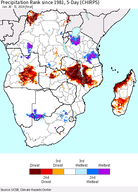 Southern Africa Precipitation Rank since 1981, 5-Day (CHIRPS) Thematic Map For 1/26/2024 - 1/31/2024