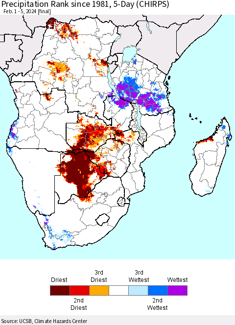 Southern Africa Precipitation Rank since 1981, 5-Day (CHIRPS) Thematic Map For 2/1/2024 - 2/5/2024
