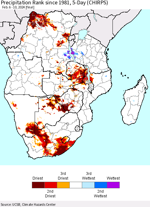 Southern Africa Precipitation Rank since 1981, 5-Day (CHIRPS) Thematic Map For 2/6/2024 - 2/10/2024