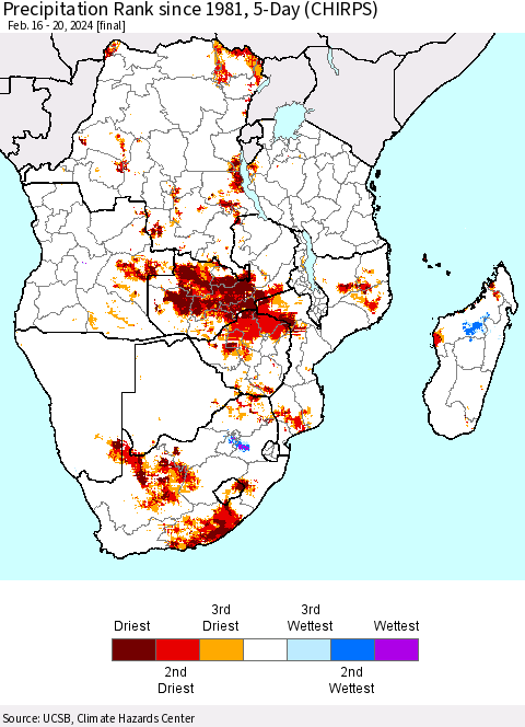 Southern Africa Precipitation Rank since 1981, 5-Day (CHIRPS) Thematic Map For 2/16/2024 - 2/20/2024