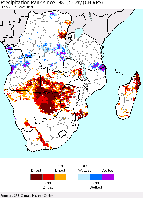 Southern Africa Precipitation Rank since 1981, 5-Day (CHIRPS) Thematic Map For 2/21/2024 - 2/25/2024