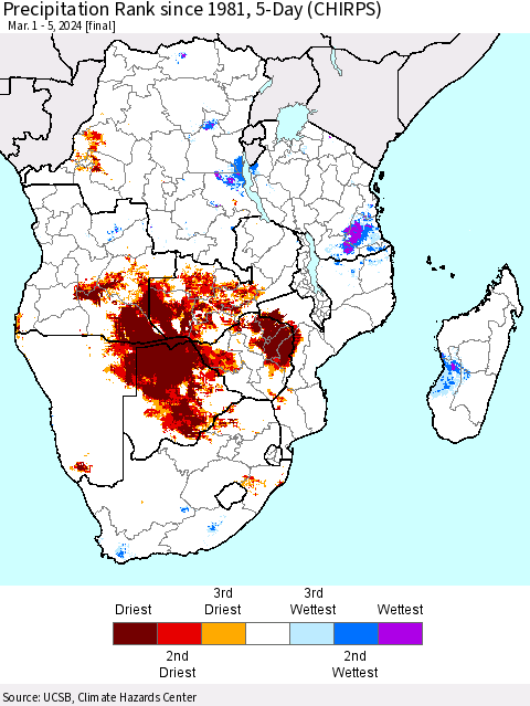 Southern Africa Precipitation Rank since 1981, 5-Day (CHIRPS) Thematic Map For 3/1/2024 - 3/5/2024