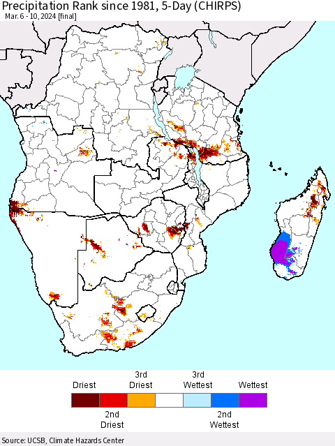 Southern Africa Precipitation Rank since 1981, 5-Day (CHIRPS) Thematic Map For 3/6/2024 - 3/10/2024