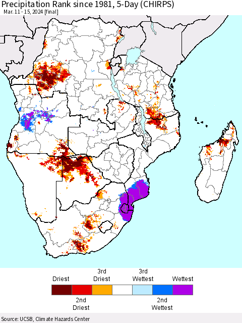 Southern Africa Precipitation Rank since 1981, 5-Day (CHIRPS) Thematic Map For 3/11/2024 - 3/15/2024