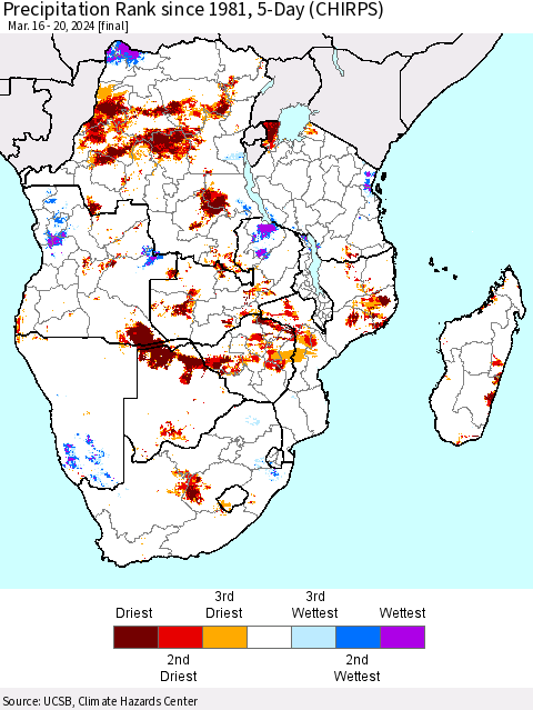 Southern Africa Precipitation Rank since 1981, 5-Day (CHIRPS) Thematic Map For 3/16/2024 - 3/20/2024