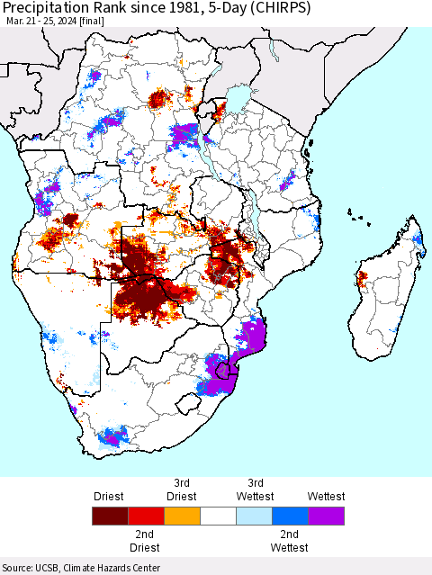 Southern Africa Precipitation Rank since 1981, 5-Day (CHIRPS) Thematic Map For 3/21/2024 - 3/25/2024