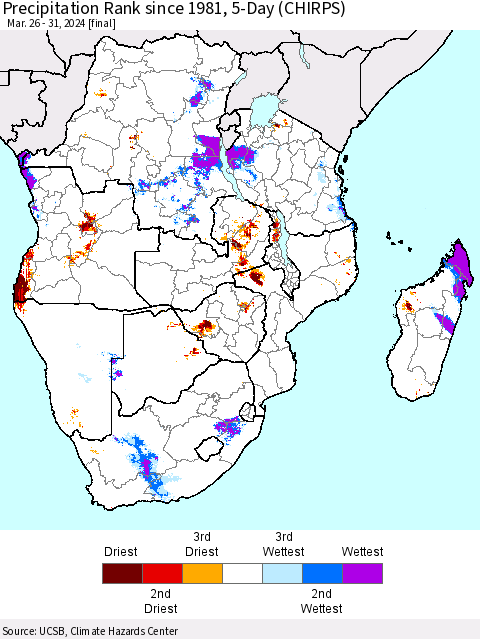 Southern Africa Precipitation Rank since 1981, 5-Day (CHIRPS) Thematic Map For 3/26/2024 - 3/31/2024