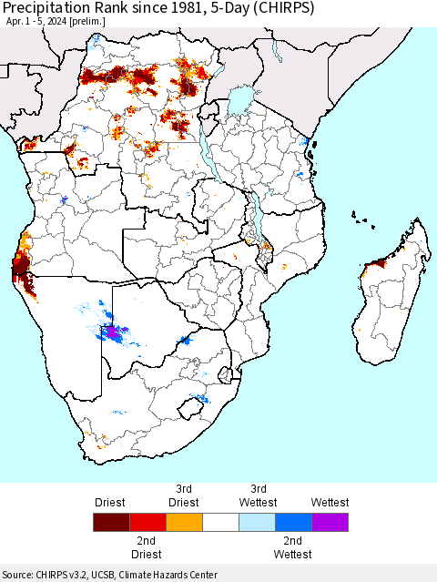 Southern Africa Precipitation Rank since 1981, 5-Day (CHIRPS) Thematic Map For 4/1/2024 - 4/5/2024