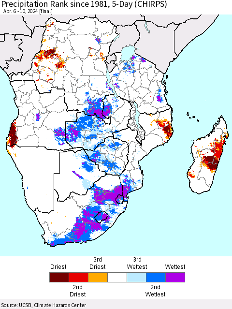 Southern Africa Precipitation Rank since 1981, 5-Day (CHIRPS) Thematic Map For 4/6/2024 - 4/10/2024