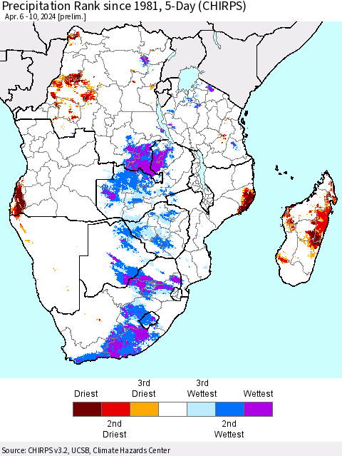 Southern Africa Precipitation Rank since 1981, 5-Day (CHIRPS) Thematic Map For 4/6/2024 - 4/10/2024