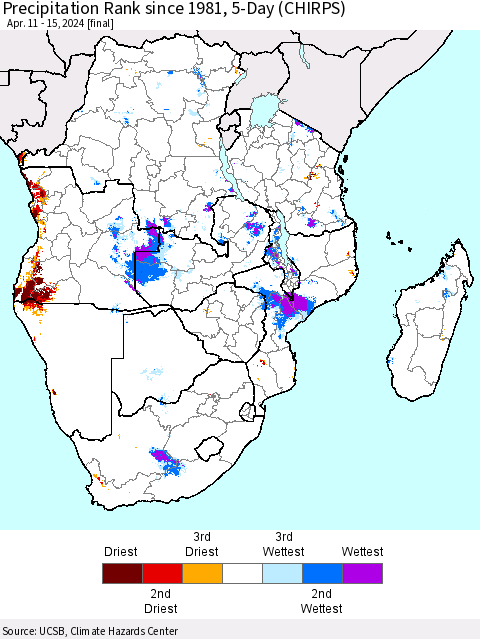 Southern Africa Precipitation Rank since 1981, 5-Day (CHIRPS) Thematic Map For 4/11/2024 - 4/15/2024