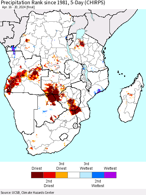 Southern Africa Precipitation Rank since 1981, 5-Day (CHIRPS) Thematic Map For 4/16/2024 - 4/20/2024