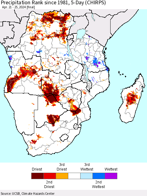 Southern Africa Precipitation Rank since 1981, 5-Day (CHIRPS) Thematic Map For 4/21/2024 - 4/25/2024